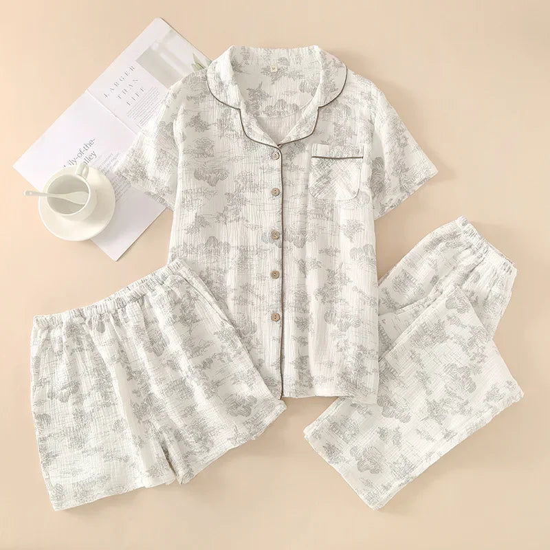 Pyjama Femme “Clair Matin” – Ensemble 3 Pièces en Coton à Imprimés Paysage