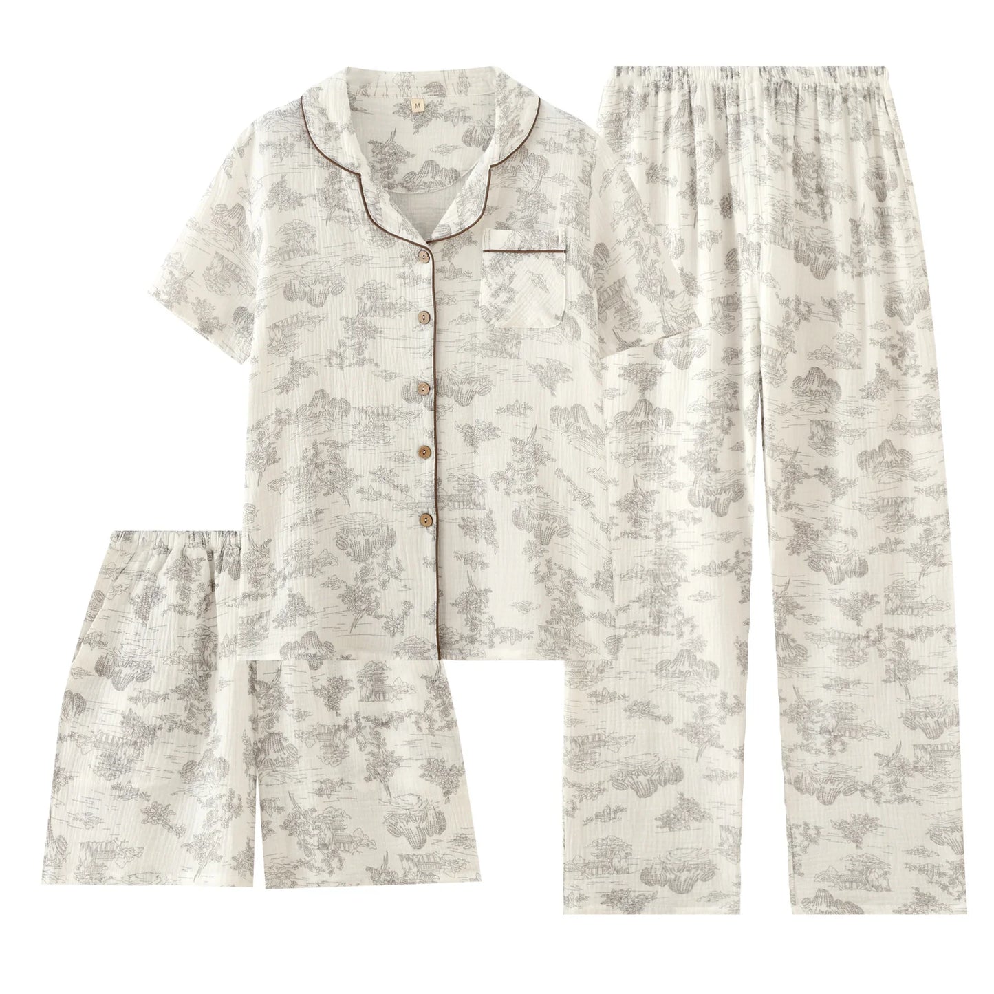 Pyjama Femme “Clair Matin” – Ensemble 3 Pièces en Coton à Imprimés Paysage