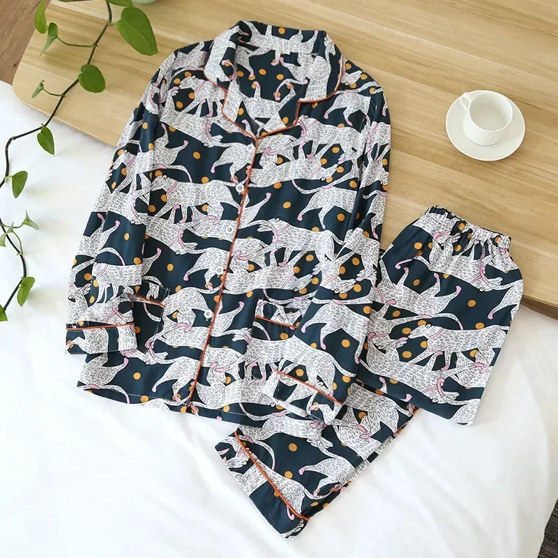 Pyjama Femme “Nocturne Végétal” – Ensemble Long en Coton à Imprimés Naturels