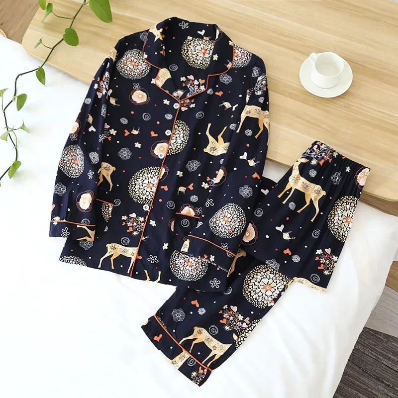 Pyjama Femme “Nocturne Végétal” – Ensemble Long en Coton à Imprimés Naturels