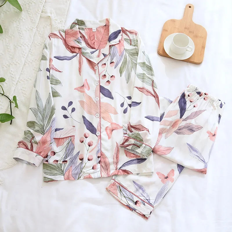 Pyjama Femme “Nocturne Végétal” – Ensemble Long en Coton à Imprimés Naturels