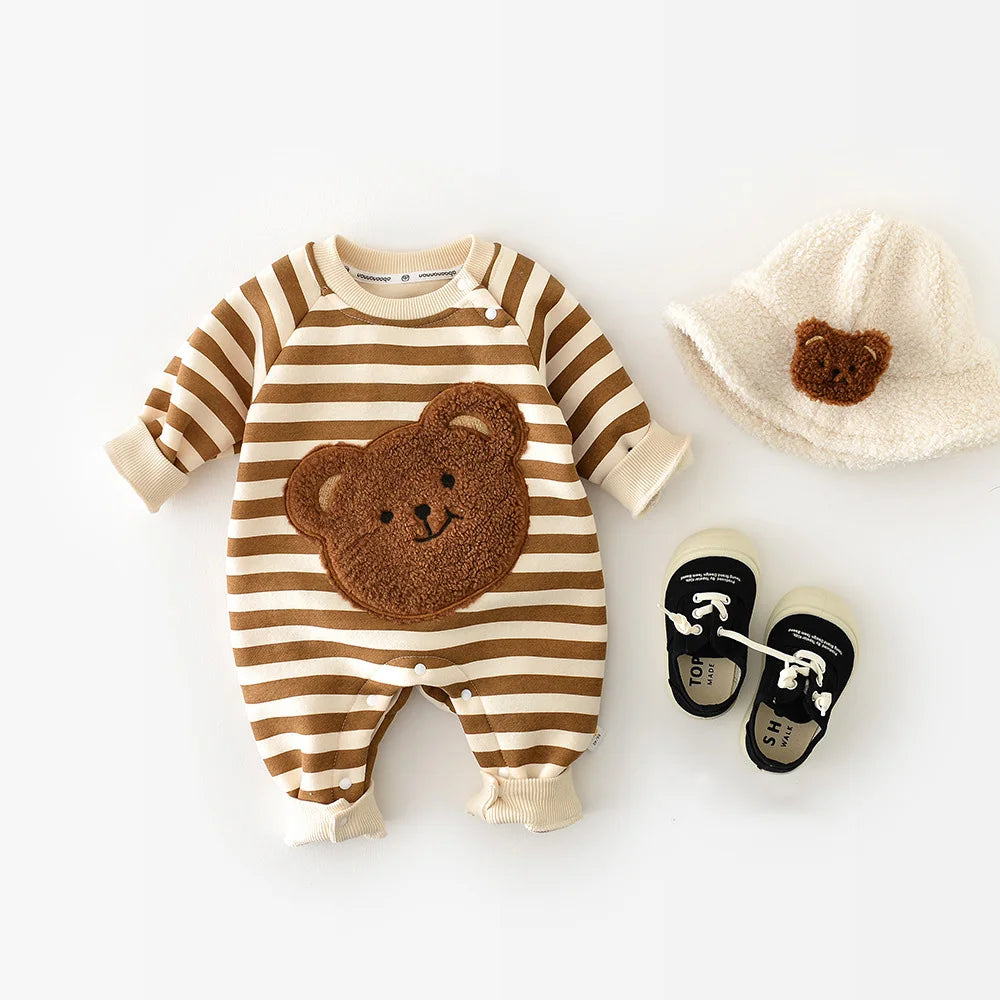Pyjama Bébé Coton Rayé “Ourson” – Grenouillère Chaude Automne Hiver 0-24 Mois