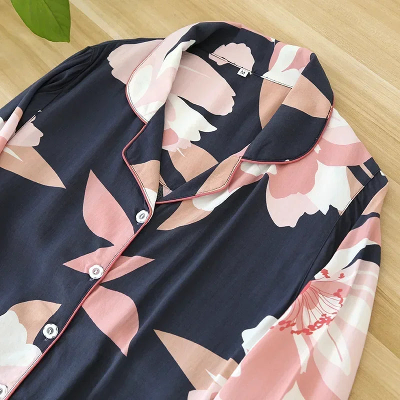 Pyjama Femme “Nocturne Végétal” – Ensemble Long en Coton à Imprimés Naturels
