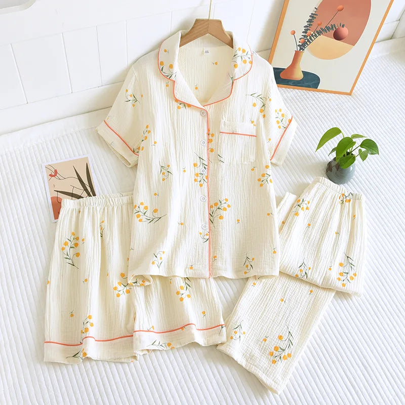 Pyjama Femme “Éclats d’Herbe” – Ensemble 2 ou 3 pièces Élégant en Coton Brodé, Léger & Respirant