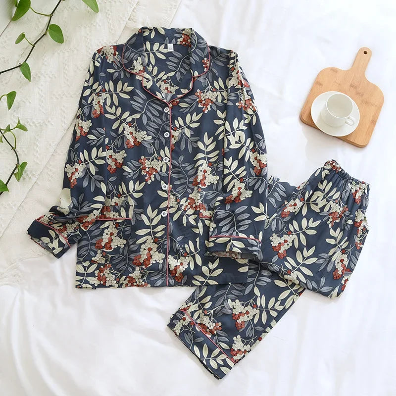 Pyjama Femme “Nocturne Végétal” – Ensemble Long en Coton à Imprimés Naturels