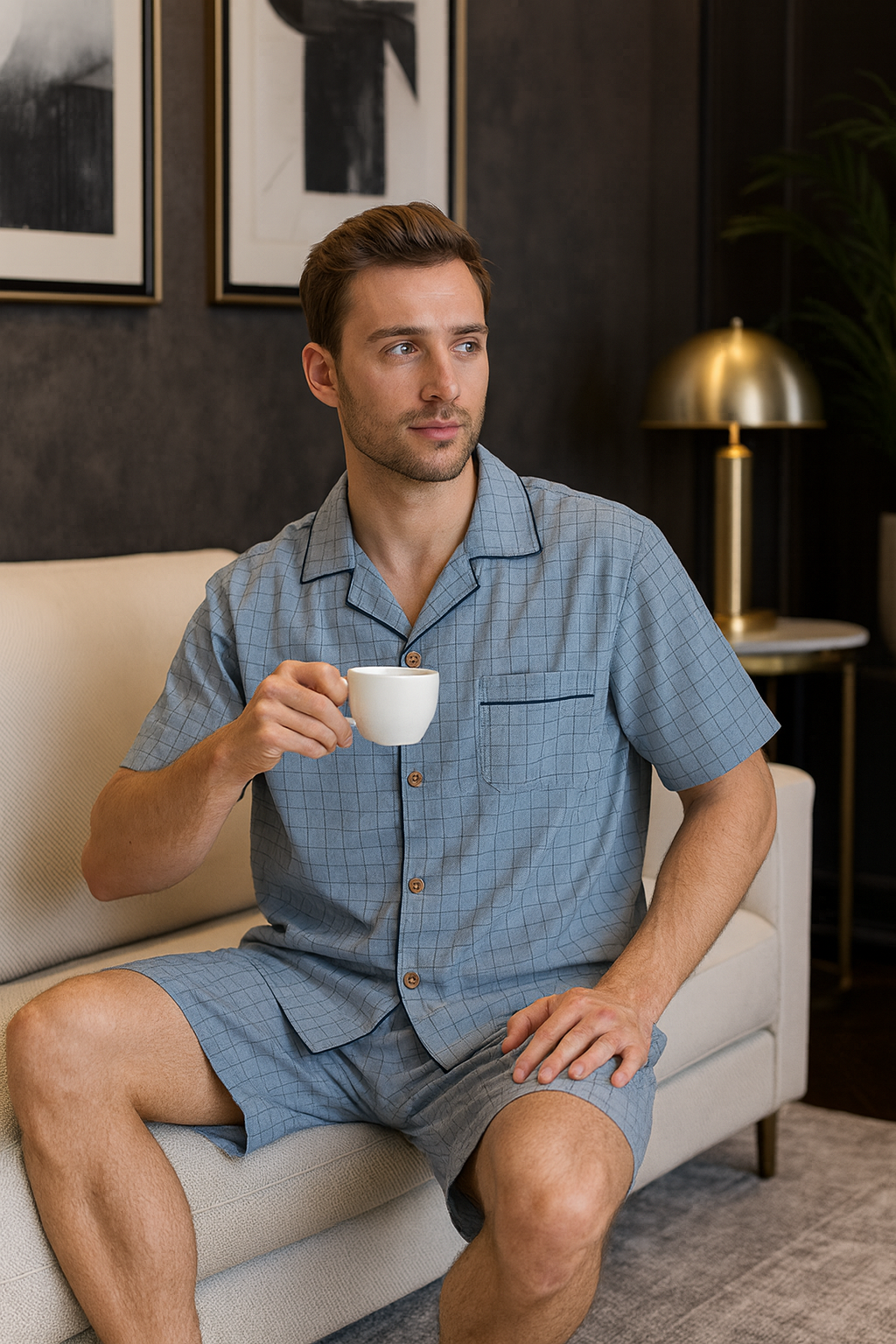 Pyjama Homme Coton “Carreaux Minima d’Été” – Ensemble Léger & Respirant, Style Classique