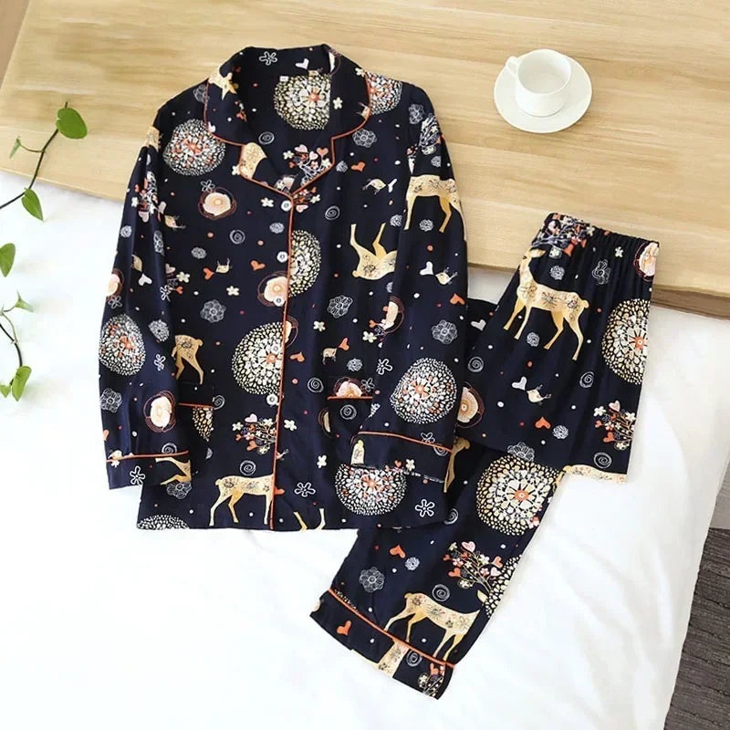 Pyjama Femme “Nocturne Végétal” – Ensemble Long en Coton à Imprimés Naturels