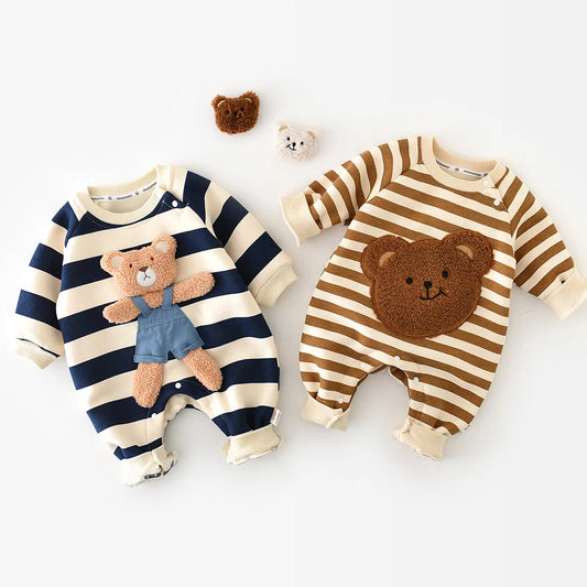 Pyjama Bébé Coton Rayé “Ourson” – Grenouillère Chaude Automne Hiver 0-24 Mois