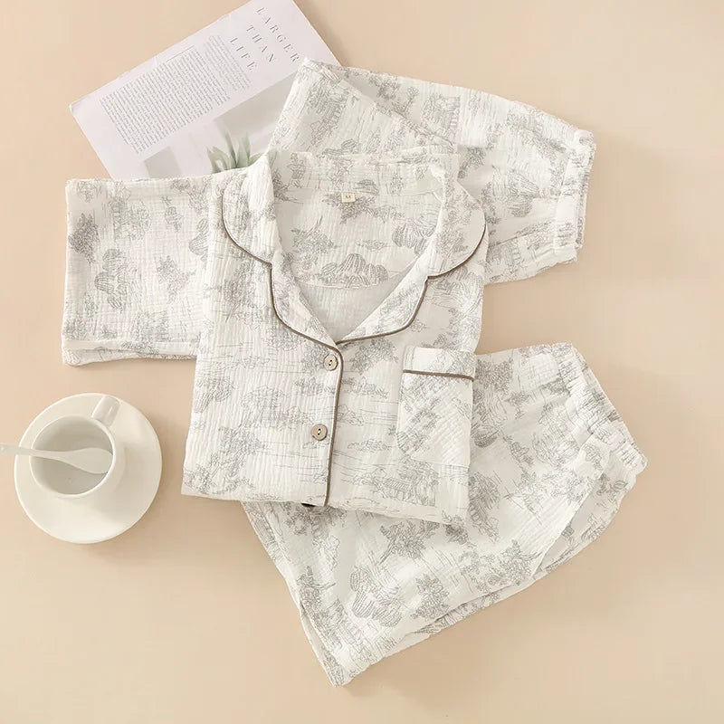 Pyjama Femme “Clair Matin” – Ensemble 3 Pièces en Coton à Imprimés Paysage
