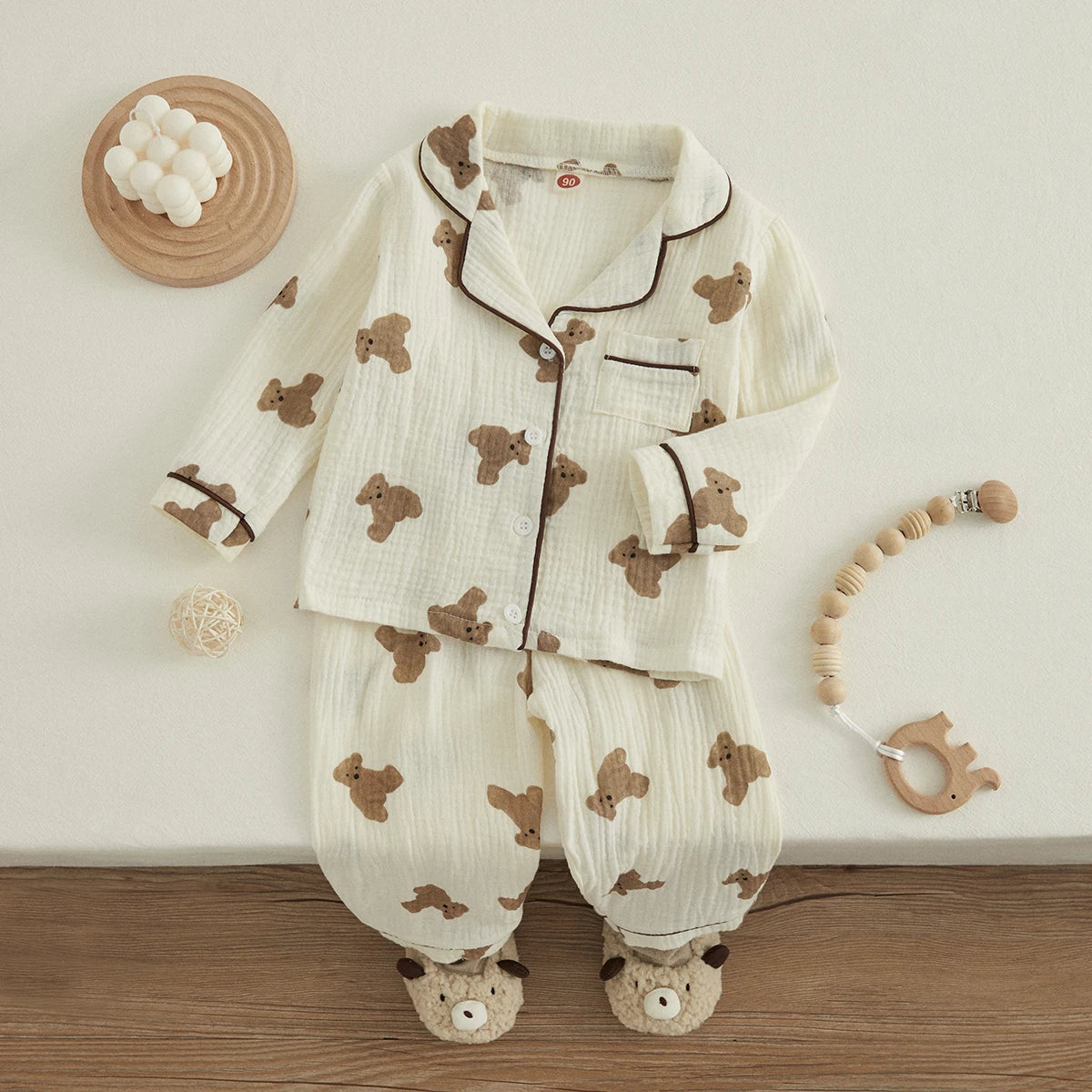 Pyjama Enfant “Ourson Chic” – Ensemble Automne/Hiver en Coton Chaud, 2 Pièces à Manches Longues