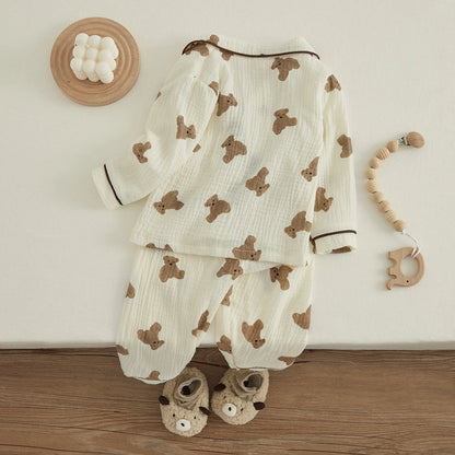 Pyjama Enfant “Ourson Chic” – Ensemble Automne/Hiver en Coton Chaud, 2 Pièces à Manches Longues