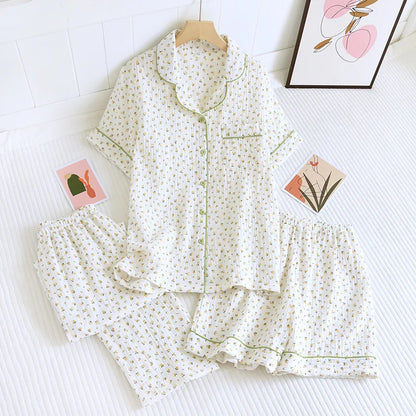 Pyjama Femme “Éclats d’Herbe” – Ensemble 2 ou 3 pièces Élégant en Coton Brodé, Léger & Respirant