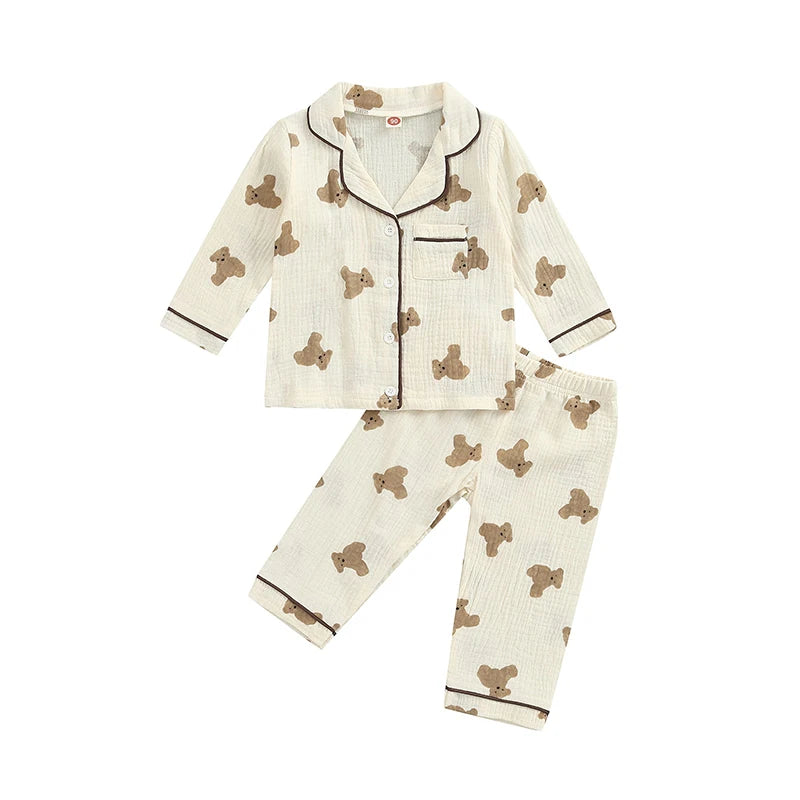 Pyjama Enfant “Ourson Chic” – Ensemble Automne/Hiver en Coton Chaud, 2 Pièces à Manches Longues