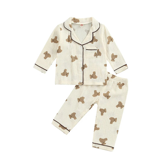Pyjama Enfant “Ourson Chic” – Ensemble Automne/Hiver en Coton Chaud, 2 Pièces à Manches Longues