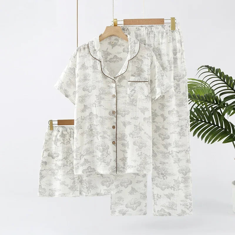 Pyjama Femme “Clair Matin” – Ensemble 3 Pièces en Coton à Imprimés Paysage