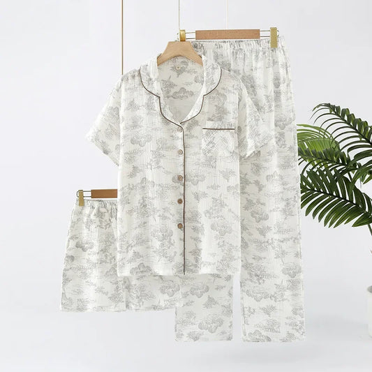 Pyjama Femme “Clair Matin” – Ensemble 3 Pièces en Coton à Imprimés Paysage