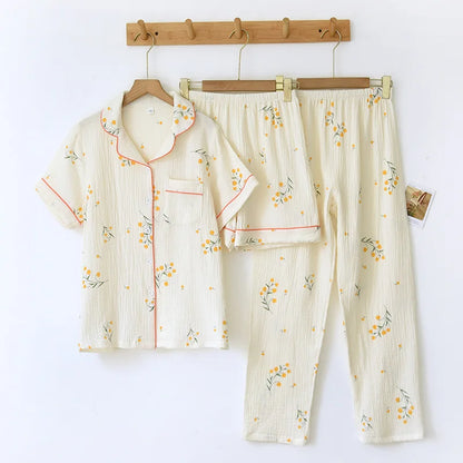 Pyjama Femme “Éclats d’Herbe” – Ensemble 2 ou 3 pièces Élégant en Coton Brodé, Léger & Respirant