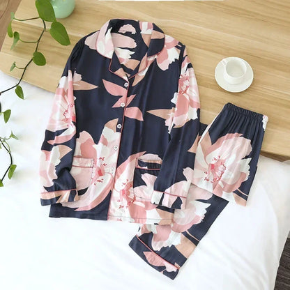 Pyjama Femme “Nocturne Végétal” – Ensemble Long en Coton à Imprimés Naturels