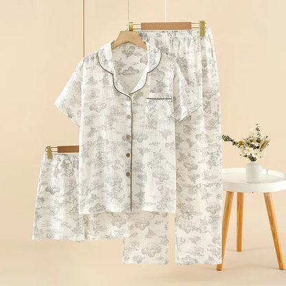 Pyjama Femme “Clair Matin” – Ensemble 3 Pièces en Coton à Imprimés Paysage