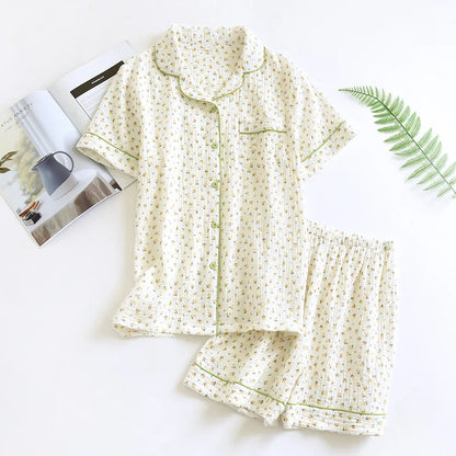 Pyjama Femme “Éclats d’Herbe” – Ensemble 2 ou 3 pièces Élégant en Coton Brodé, Léger & Respirant