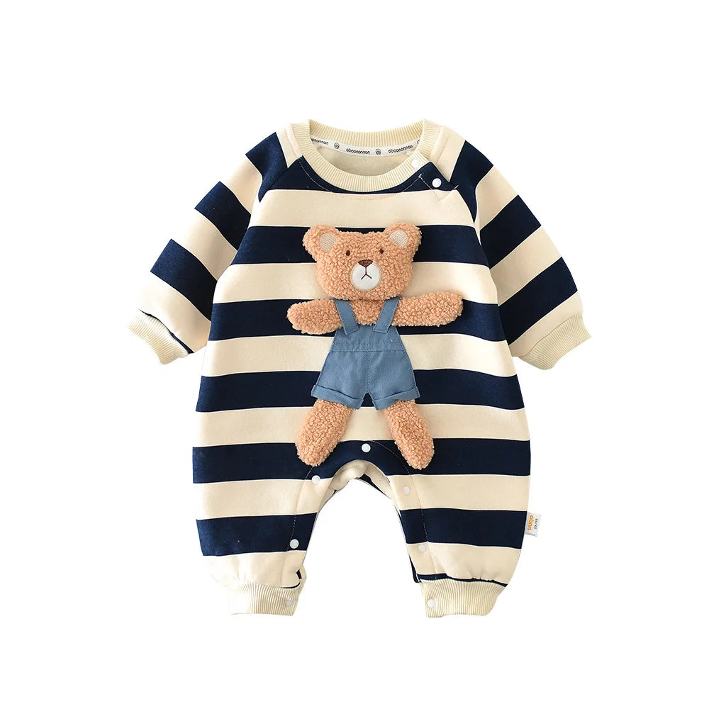 Pyjama Bébé Coton Rayé “Ourson” – Grenouillère Chaude Automne Hiver 0-24 Mois