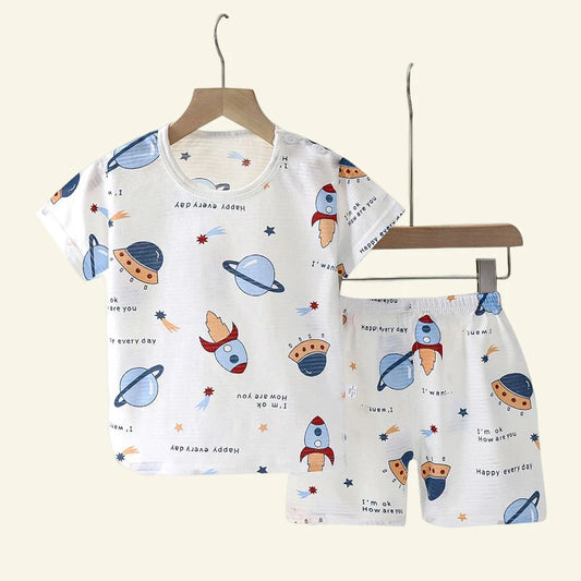 Pyjama Enfant Été “MiniMonde” – Ensemble 2 Pièces en Coton Léger à Motifs Marins, Respirant
