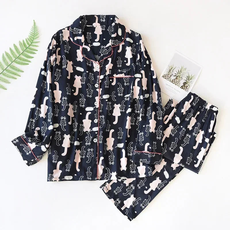 Pyjama Femme “Nocturne Végétal” – Ensemble Long en Coton à Imprimés Naturels