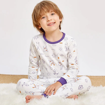 Pyjama Enfant Mi-Saison “Univers Illustré” – Ensemble 2 Pièces en Coton Doux, Manches Longues, Motifs Colorés Mixte
