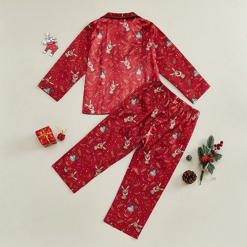 Pyjama Enfant “Noël en Satin” – Chemise à Boutons & Pantalon Élégant