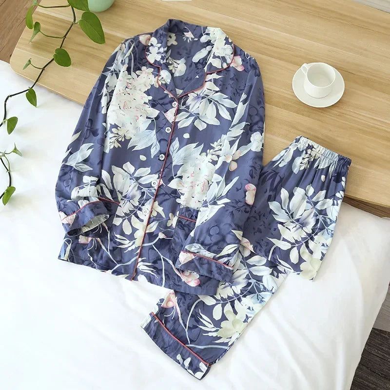Pyjama Femme “Nocturne Végétal” – Ensemble Long en Coton à Imprimés Naturels